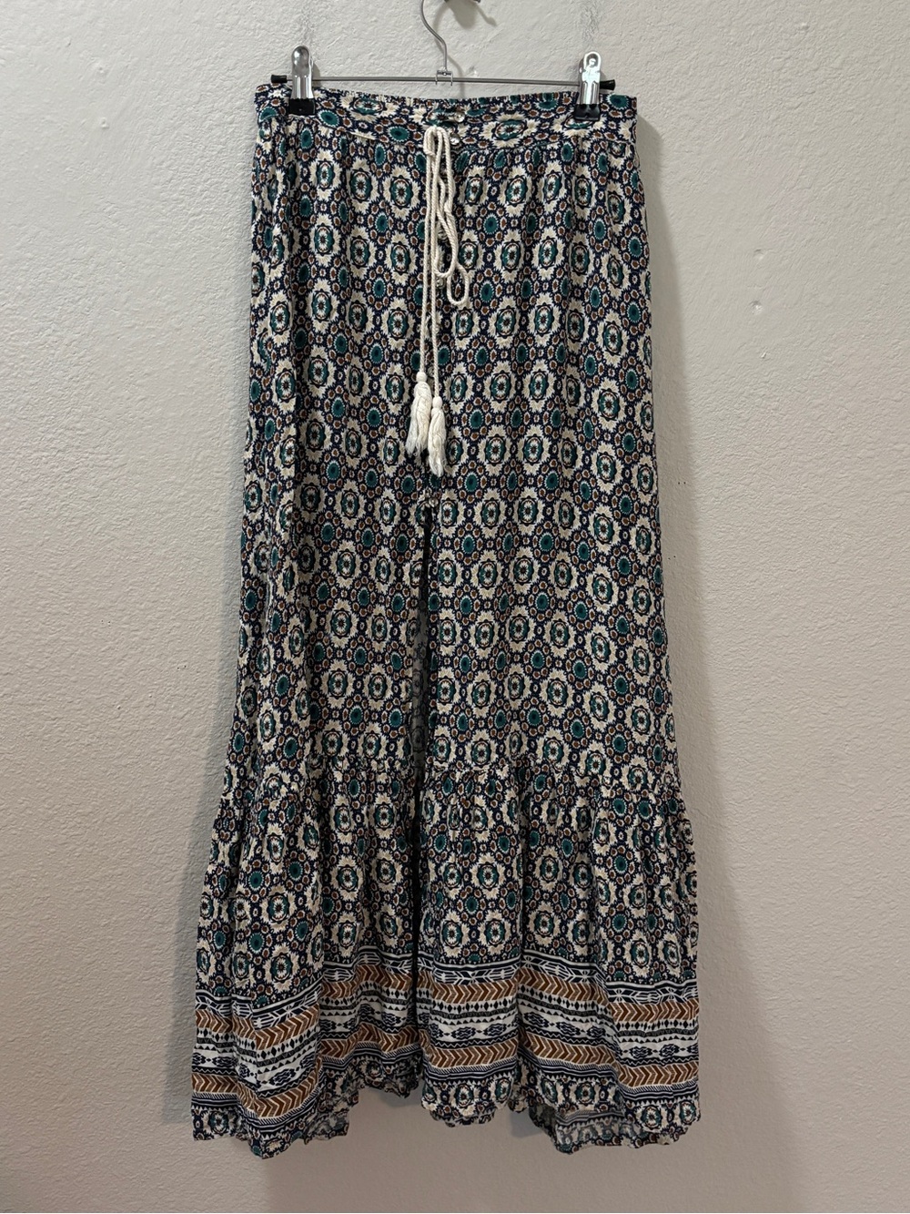 Earthbound Boho Mandala Print Maxi Skirt Blue Teal Tassel Tie Size Medium